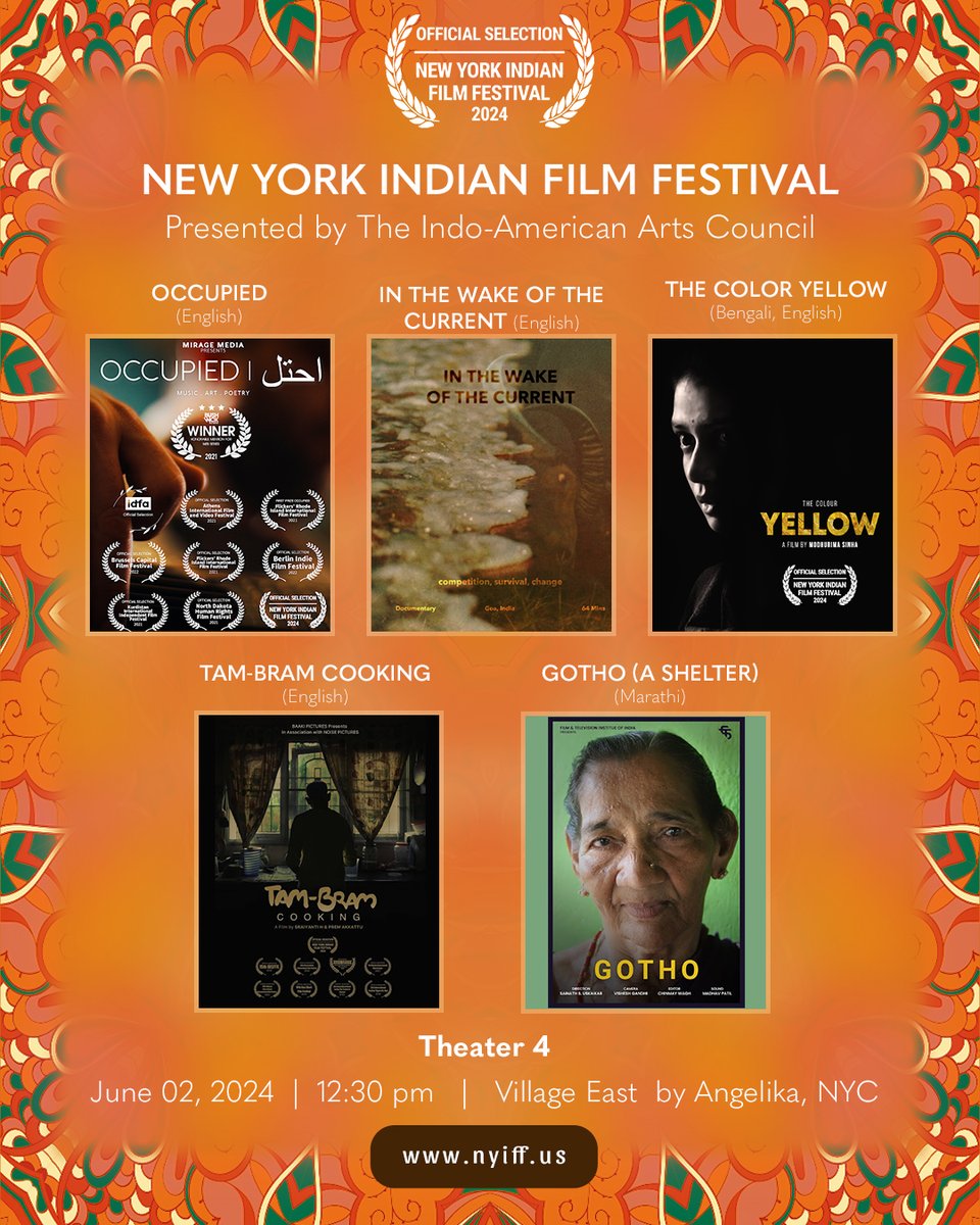 Don’t miss these extraordinary films at NYIFF 2024! 
2nd June 2024 line up 3/3: 
 
12.30 pm 

Shorts D (Docs) 
Tam-Bram Cooking: @SraiyantiH & #PremAkkattoos
Gotho - A Shelter: @sainathuskaikar 
In the wake of the current: @sievers_film 
Occupied: #PranavPingle
The Color Yellow: