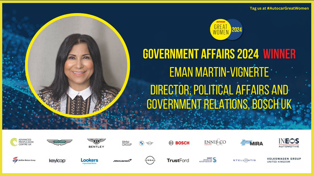 Congratulations to Eman Martin-Vignerte, Director of Political Affairs and Government Relations at @BoschGlobal, who wins our Government Affairs award 👏 #AutocarGreatWomen