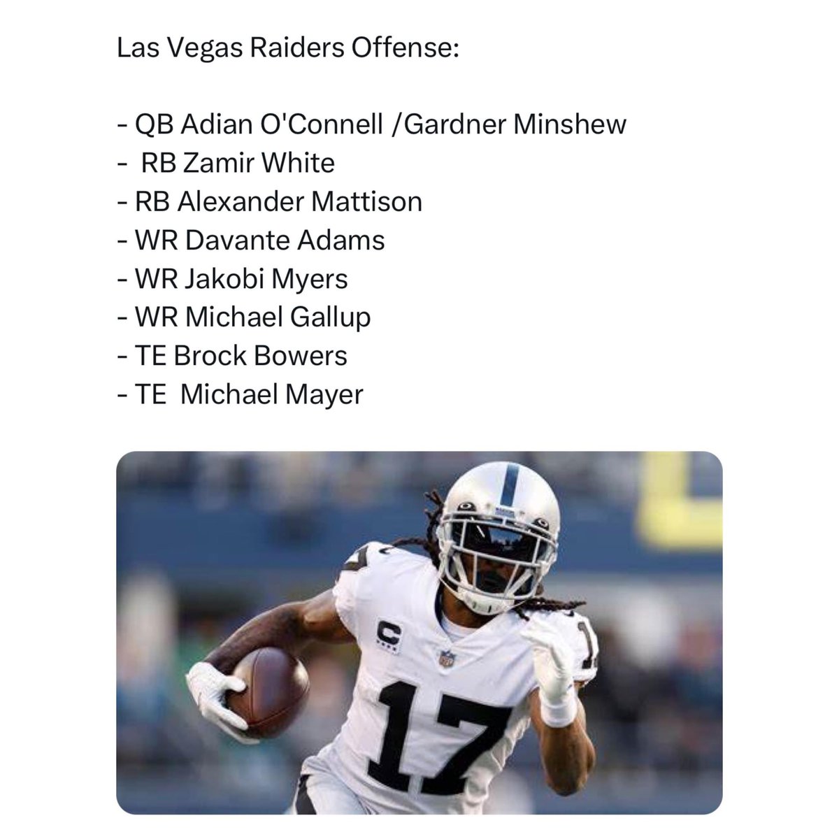 The Raiders stacked the offense so much, all the QB has to do is show up and take care of the ball. Minimize turnovers and this offense will go CRAZY! 💯🏴‍☠️ #RaiderNation