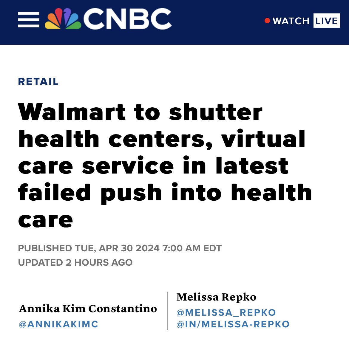 Walmart Health primary care is done. The company announced they’re closing 51 health clinics in AR, FL, GA, IL, and TX over the next 90 days. It’s a sobering reality to watch the biggest retailers struggle with healthcare. Just a year ago, people thought Dollar General,…