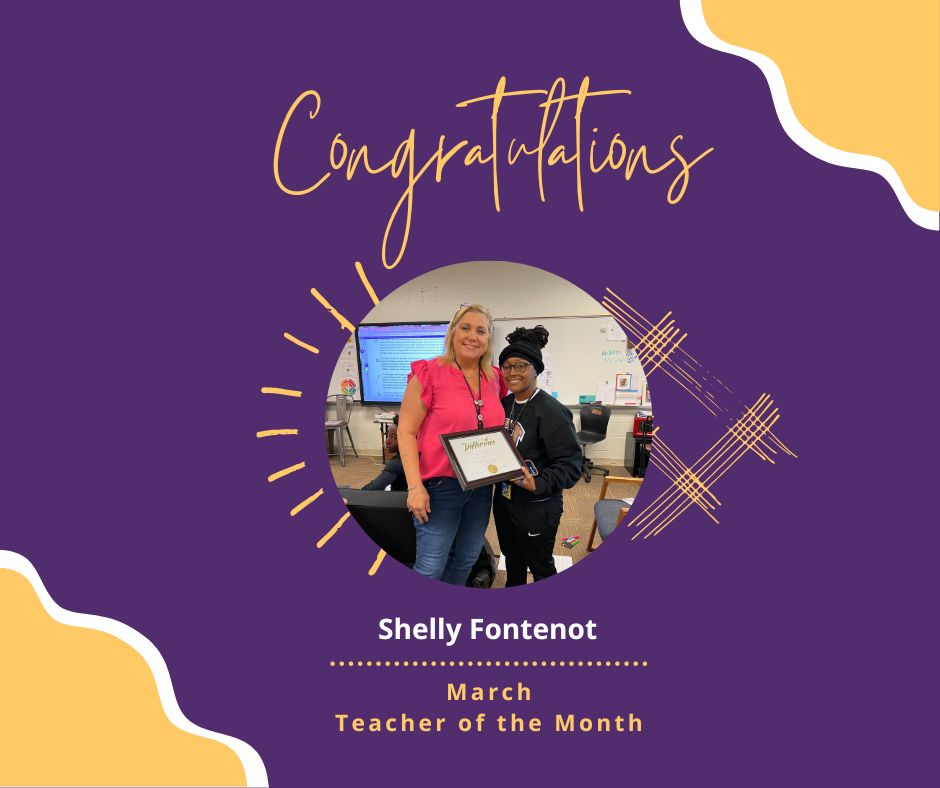 Congratulations to Shelly Fontenot for being named the HHS March Teacher of the Month! We are so proud of you! 🎉#expectexcellence #fiercenoblestrongtogether #hahnvillehighschool