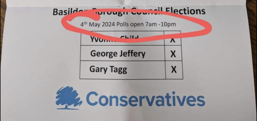 Basildon Tories can’t event get the date of the election right…

Not fit to be left in charge of an empty petty cash tin!

#ToryFail 
#LocalElections 
#ToriesUnfitToGovern