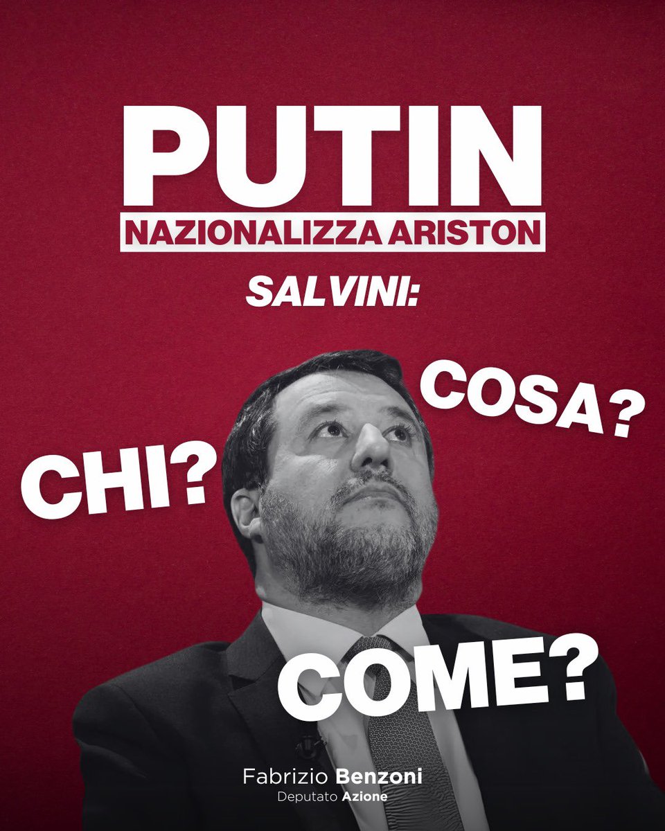 “Fiducia nei colleghi che se ne occuperanno”: le uniche parole di Salvini sul caso #Ariston. I fatti: Putin ha firmato un decreto con cui ha nazionalizzato la filiale russa di Ariston Thermo Group, società italiana che opera nel campo degli impianti di riscaldamento e…