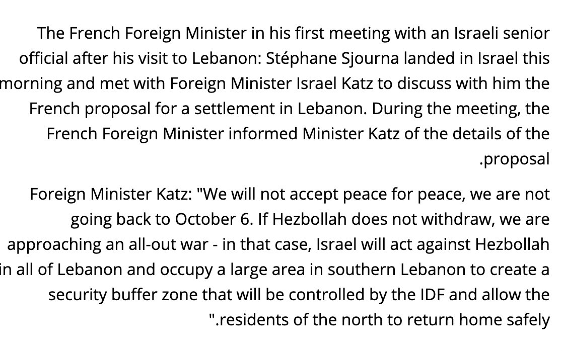 Israel's Foreign Minister tells France's FM: 'If Hezbollah does not withdraw, we are approaching an all-out war - in that case, Israel will act against Hezbollah in all of Lebanon and occupy a large area in southern Lebanon to create a security buffer zone that will be controlled