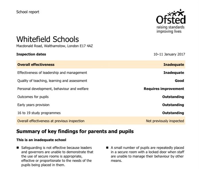 The contemporary Ofsted report is 🤯 Overall rating: inadequate, poor room use for “a small number of pupils” - no abuse reported Number of pupils affected (per Noel’s report) - 39 Outcomes for pupils - outstanding. Apart from the 39, I guess files.ofsted.gov.uk/v1/file/2670041