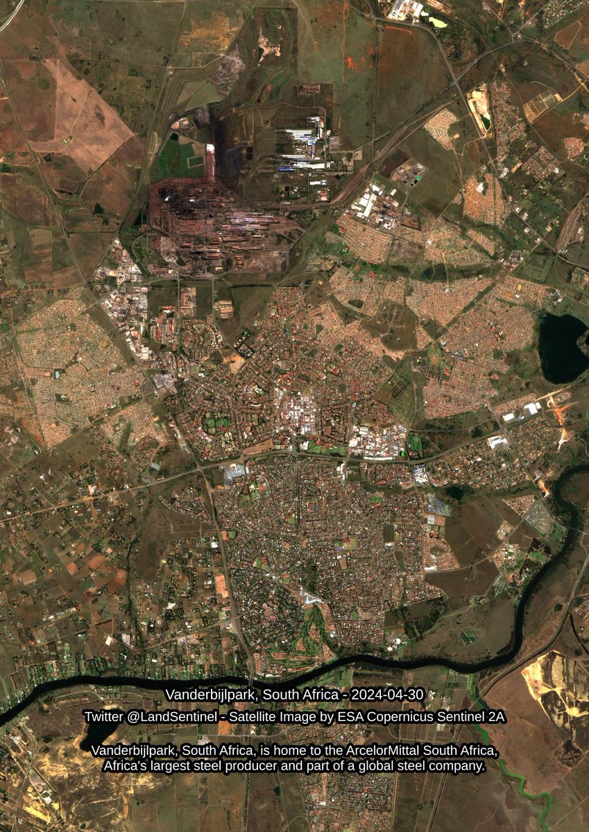 Vanderbijlpark - South Africa - 2024-04-30

Vanderbijlpark, South Africa, is home to the ArcelorMittal South Africa, Africa's largest steel producer and part of a global steel company.

#SatelliteImagery #Copernicus #Sentinel2