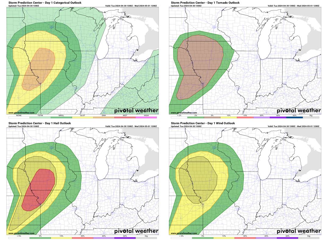 Showers & t/storms are expected to rumble across the area in the 4:00-11:00 PM timeframe with the potential of stronger storms. Damaging wind gusts (60+ mph), large hail (quarter-sized or bigger) and an isolated tornado are possible especially near the I-35 corridor. #mnwx #iawx