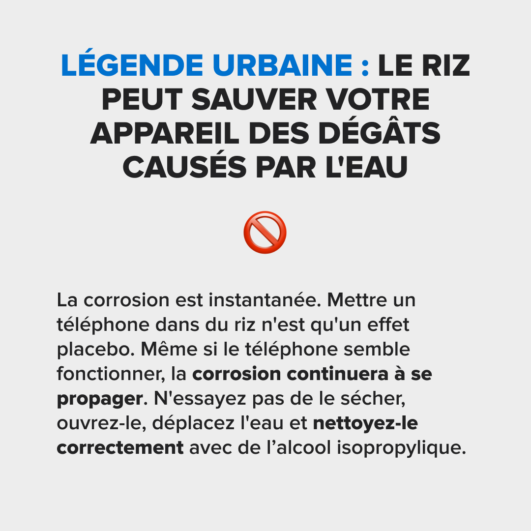 #LégendeUrbaine : le riz permet de sécher et sauver un téléphone de la noyade. ❌ 🍀Ne croyez pas en la chance, agissez ! > fr.ifixit.com/Wiki/Do_Not_Pu…
