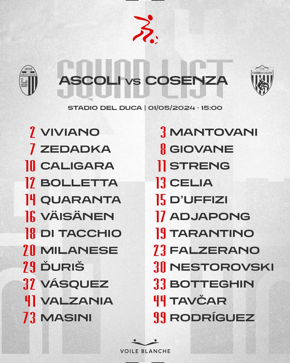 𝙎𝙌𝙐𝘼𝘿 𝙇𝙄𝙎𝙏 • 𝗔𝗦𝗖𝗢𝗟𝗜 - 𝗖𝗢𝗦𝗘𝗡𝗭𝗔 Sono 24 i convocati di Mister Carrera per Ascoli-Cosenza, in programma domani, mercoledì 1° maggio, alle ore 15:00, al Del Duca di Ascoli. 🔗 ascolicalcio1898.it/24-i-convocati…