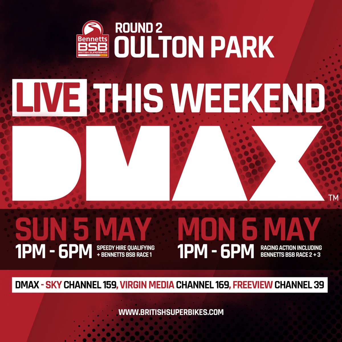 WATCH BENNETTS BSB FOR FREE THIS WEEKEND LIVE coverage will feature on DMAX from @Oulton_Park this Sunday and Bank Holiday Monday Watch all the @bennetts_bike BSB action live for free on Sky Channel 159, Virgin Media Channel 169, Freeview Channel 39