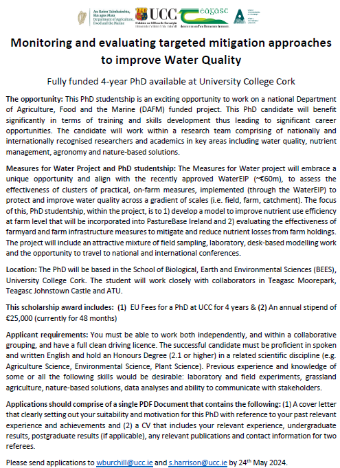 @burchill_w group is hiring for a new exciting PhD position on water quality & nutrient management @UCC!! Check out the advert 👇& DM for more info!!! PhD is on an @agriculture_ie funded project with collaborators from @teagasc & @atu_ie!! Retweets appreciated @SEFSUCC @uccBEES