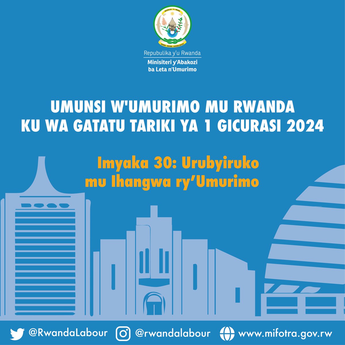 Ku wa Gatatu tariki ya 1 Gicurasi 2024, U Rwanda rurifatanya n’isi yose mu kwizihiza umunsi mpuzamahanga w’umurimo. Hateguwe ukwezi kwahariwe umurimo kuzibanda ku myaka 30 y’ihangwa ry’imirimo ku rubyiruko n’ahazaza h’umurimo. Tuboneyeho kwifuriza abanyarwanda bose umunsi mwiza.