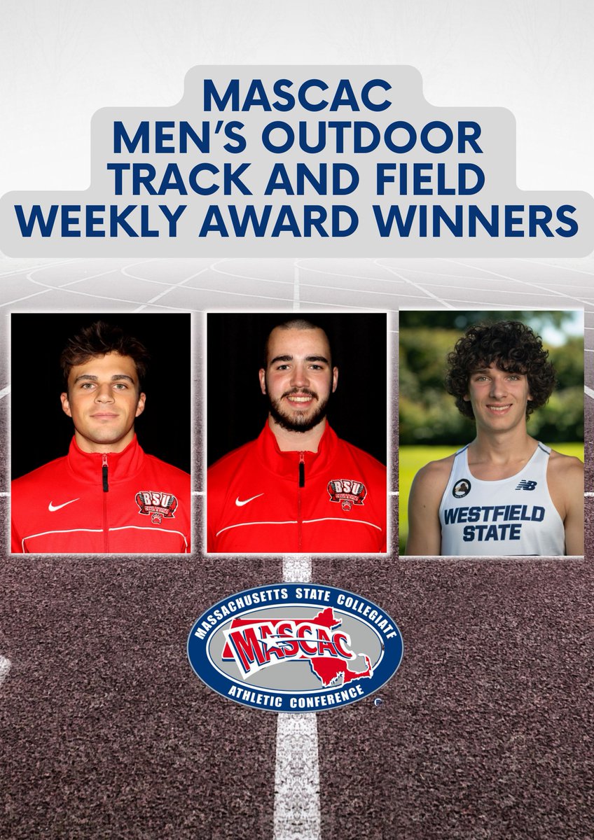 The @bsubears duo of Stephen Spofford and Jason Dann along with Nathan Sylven of @WestfieldOwls take home the #MASCAC Men's Outdoor Track and Field weekly awards after competing at the MASCAC Championship on Friday. mascac.prestosports.com/sports/mtrack/… #D3tf #MASCACpride