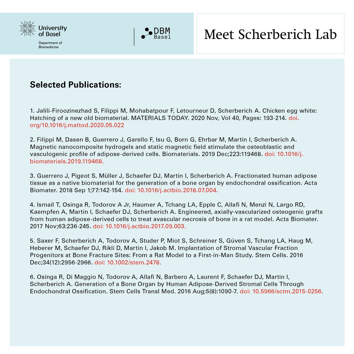 Read more about their future vision and have a look at the selected publications of the Scherberich Lab! #teamDBMBasel #teamwork #boneregeneration #vascularizedbone #research