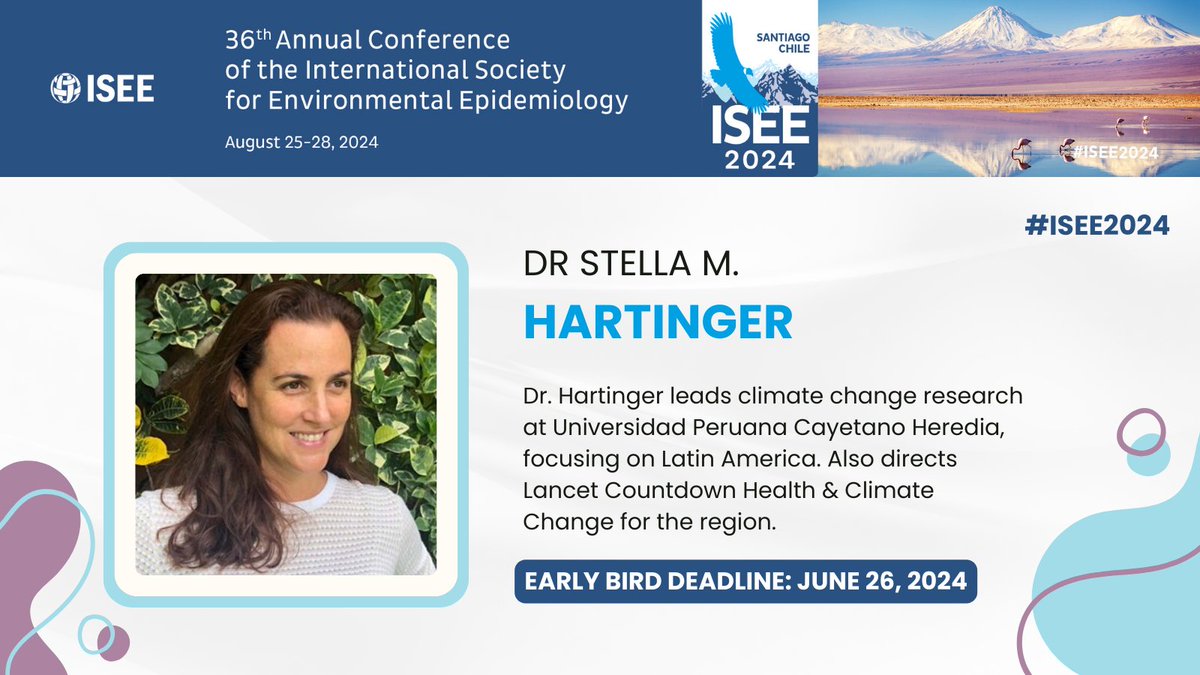 Excited to announce Dr. Stella Hartinger as a key speaker at #ISEE2024! Join us to hear her insights on environmental epidemiology and public health. Don't miss out! 🌍 See all our invited faculty 👉 bit.ly/3JED2uv