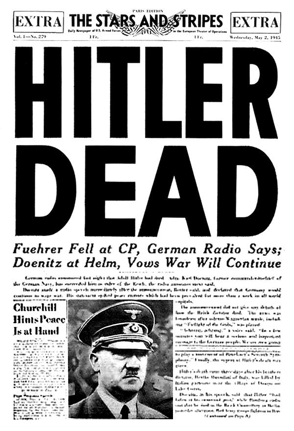 This Day in #WWII #History: On April 30, 1945, Adolf Hitler commits suicide with his wife of ~24 hours, Eva Braun, in the Führerbunker in Berlin (newspaper photo from May 2).

#ThisDay #TDIH