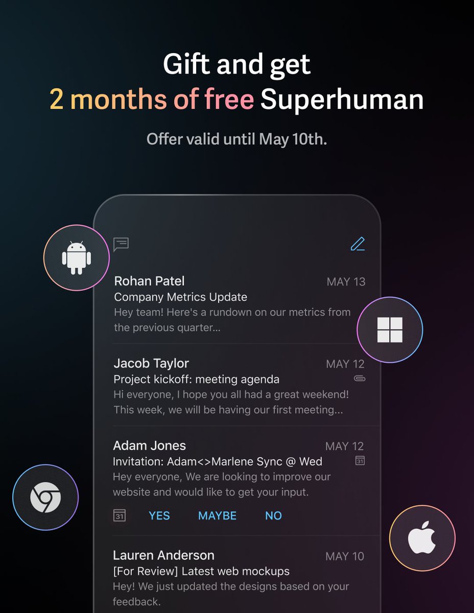 Share your love of Superhuman, and earn double the rewards 💜 For every accepted referral from now until May 10th, you — and the folks you refer — will get two free months of Superhuman instead of the usual one! Just hit Cmd+K (Mac) or Ctrl+K (Windows) → Refer to Superhuman.