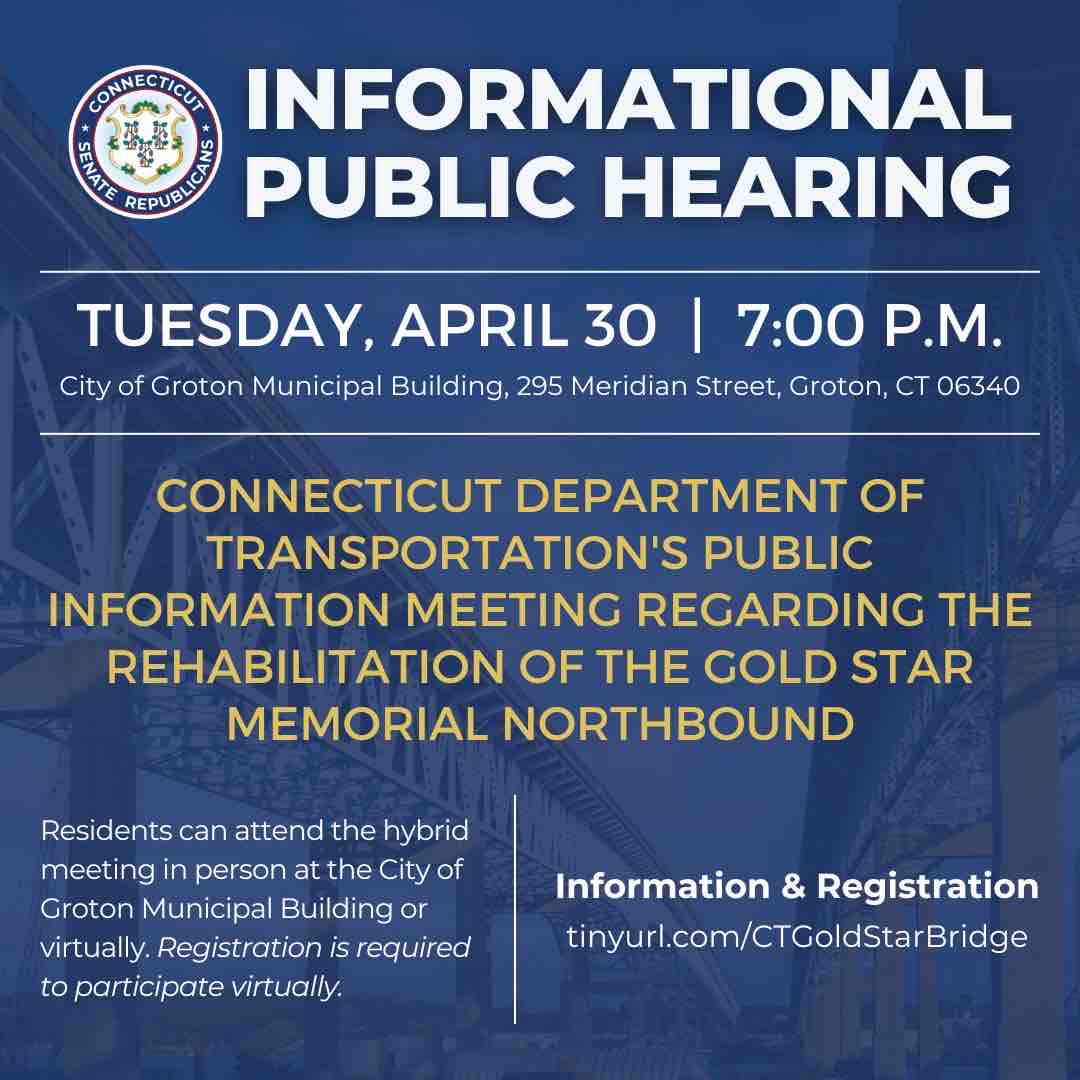 🌉 Calling all Groton residents &amp; beyond! Join us for an important Public Information Meeting hosted by the Connecticut Department of Transportation. 💻 Virtual Option: Register here to attend online: portal.ct.gov/DOTGoldStar94-…

🔗 Learn more at the link: portal.ct.gov/dotgoldstar94-…
