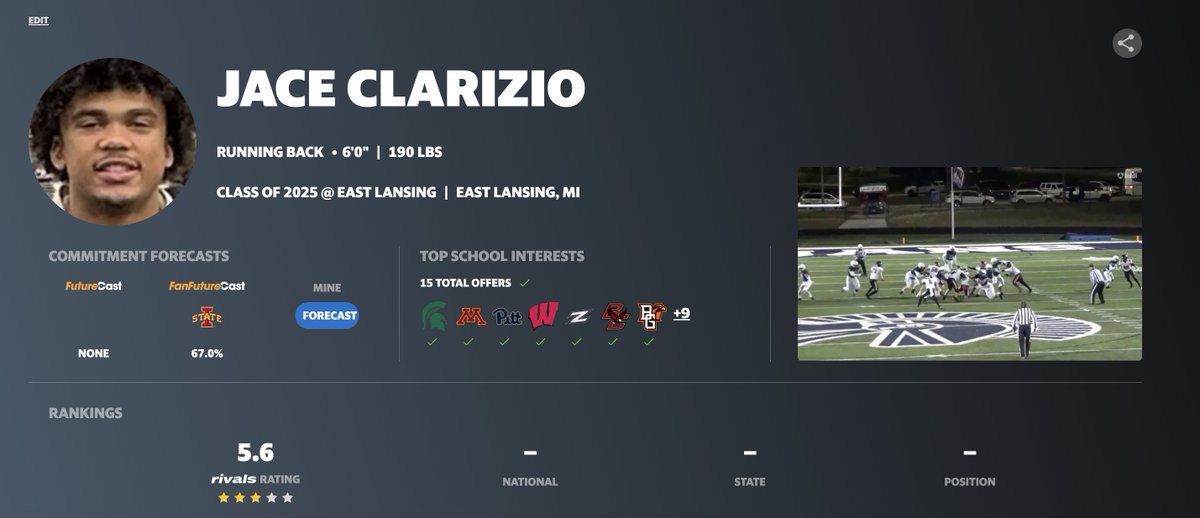 East Lansing 2025 three-star running back @jace_clarizio tells @SpartansRivals he has an official visit scheduled for Michigan State on June 14 through June 16. For the running list of official visitors, check out the Spartans Illustrated Message Board: michiganstate.forums.rivals.com/threads/class-…