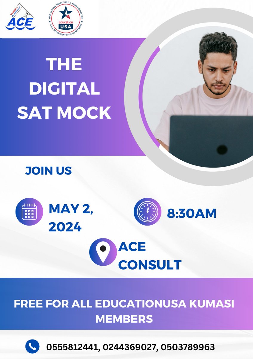 Please plan to be part of our next digital SAT mock exam on May 2nd.

#educationusakumasi #studyinusa #StudyAbroad #SAT #satprep #satpreparation #satexam #DigitalSAT #StudyWithUS