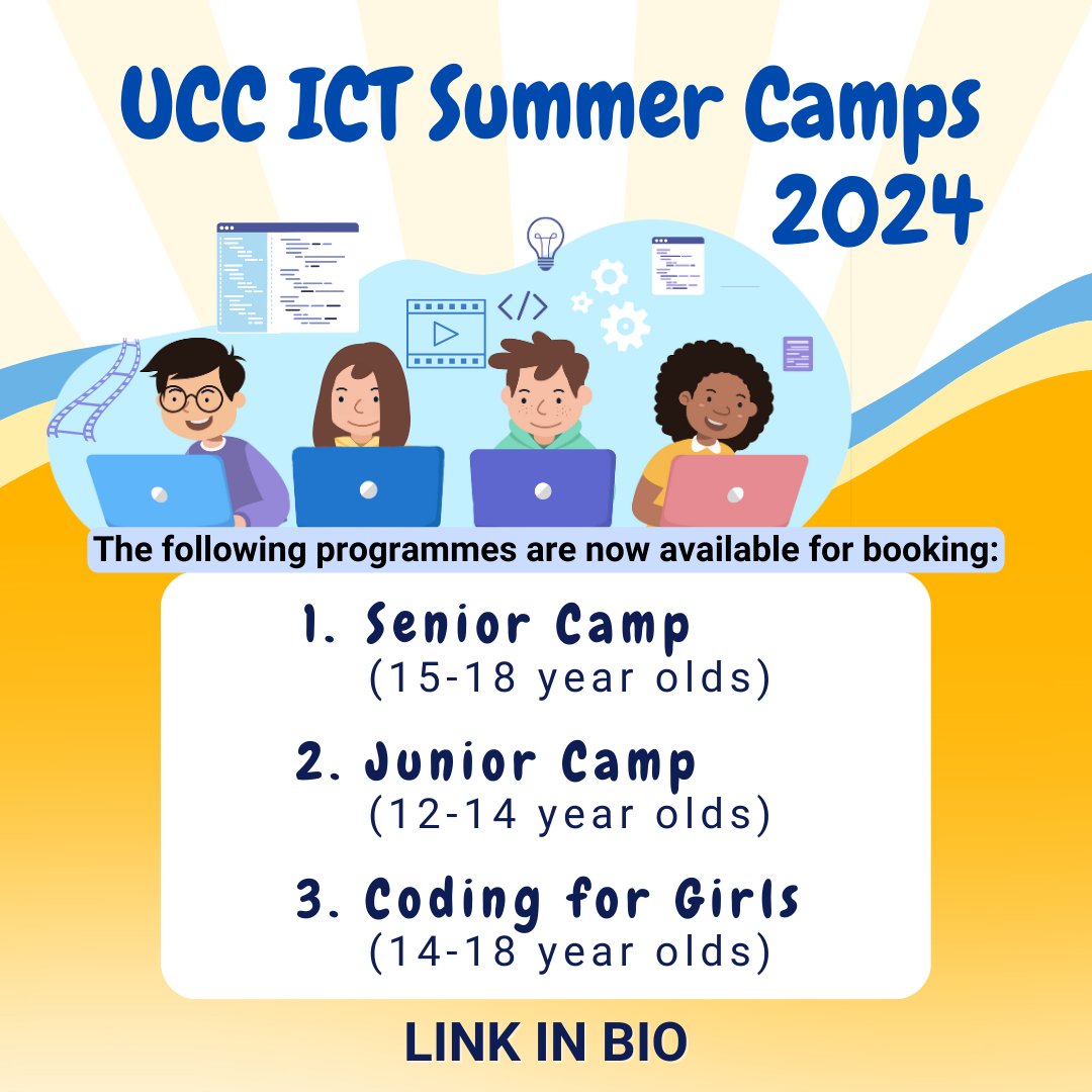 🌞 Enrollment for our ICT Summer Camps are now open! 🌞

Camp Details:
- Location: UCC Western Gateway Building in Cork
- Dates: Tuesday 4 June – Saturday 8 June (5 days)
- Time: 10.00am to 2.30pm
- Price: €80

ucc.ie/en/csschools/i…