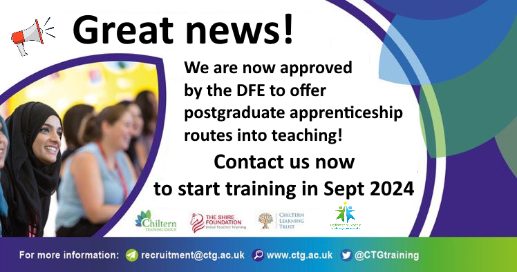 Here is the announcement I know schools in our community have been waiting for! @CTGtraining is now offering apprenticeships. Schools can save £9000 on course fees. Contact us for more information - we'd love to hear from you! #PGCE #ITT #traintoteach #apprenticeship #QTS