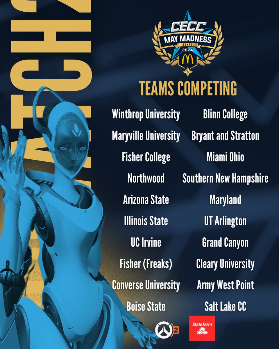 EsportsU (@esportsugaming) on Twitter photo Good luck to the 20 #Overwatch college #esports teams competing this weekend during the #CECCTexas2024 presented by <a href="/McDonalds/">McDonald's</a> on May 3-5, at <a href="/EsportsStadium/">Esports Stadium Arlington</a>!
Thanks to State Farm for sponsoring!
<a href="/collegiatesmg/">Collegiate Sports Management Group (CSMG)</a> <a href="/esports_foundry/">Esports Foundry</a> #cecc Good luck to the 20 #Overwatch college #esports teams competing this weekend during the #CECCTexas2024 presented by <a href="/McDonalds/">McDonald's</a> on May 3-5, at <a href="/EsportsStadium/">Esports Stadium Arlington</a>!
Thanks to State Farm for sponsoring!
<a href="/collegiatesmg/">Collegiate Sports Management Group (CSMG)</a> <a href="/esports_foundry/">Esports Foundry</a> #cecc