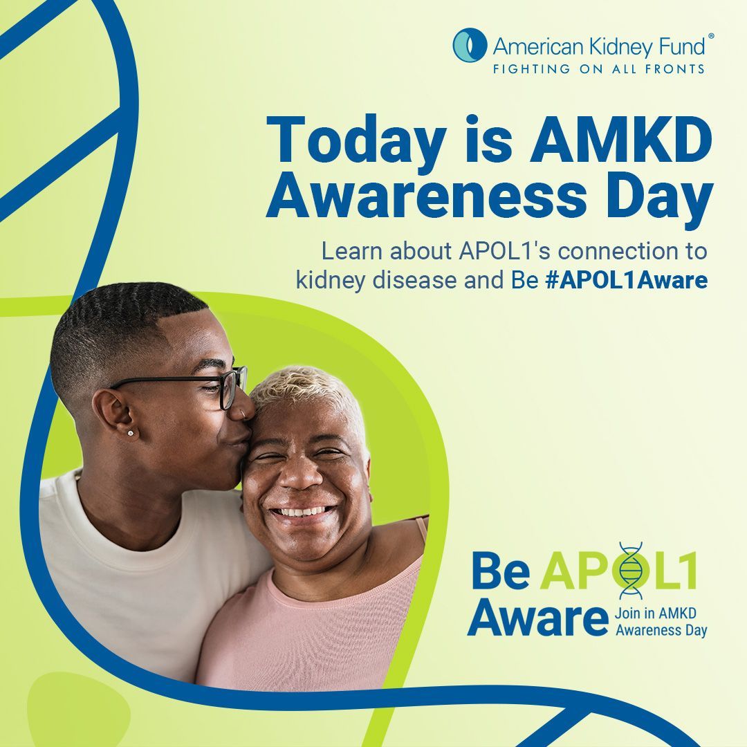 It's the nation’s first #AMKD Awareness Day! An estimated 13% of Black Americans have 2 mutations of the #APOL1 gene, and therefore have a 1 in 5 chance of developing a rapidly progressing form of #genetic #KidneyDisease. Become #APOL1Aware. Learn more: buff.ly/43NmdXH