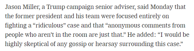 Not really the point of this story, but still pretty hilarious that Jason Miller is complaining about anonymous sources. ... You could fill multiple volumes with 'anonymous' quotes that came from Jason Miller. nytimes.com/2024/04/30/us/…