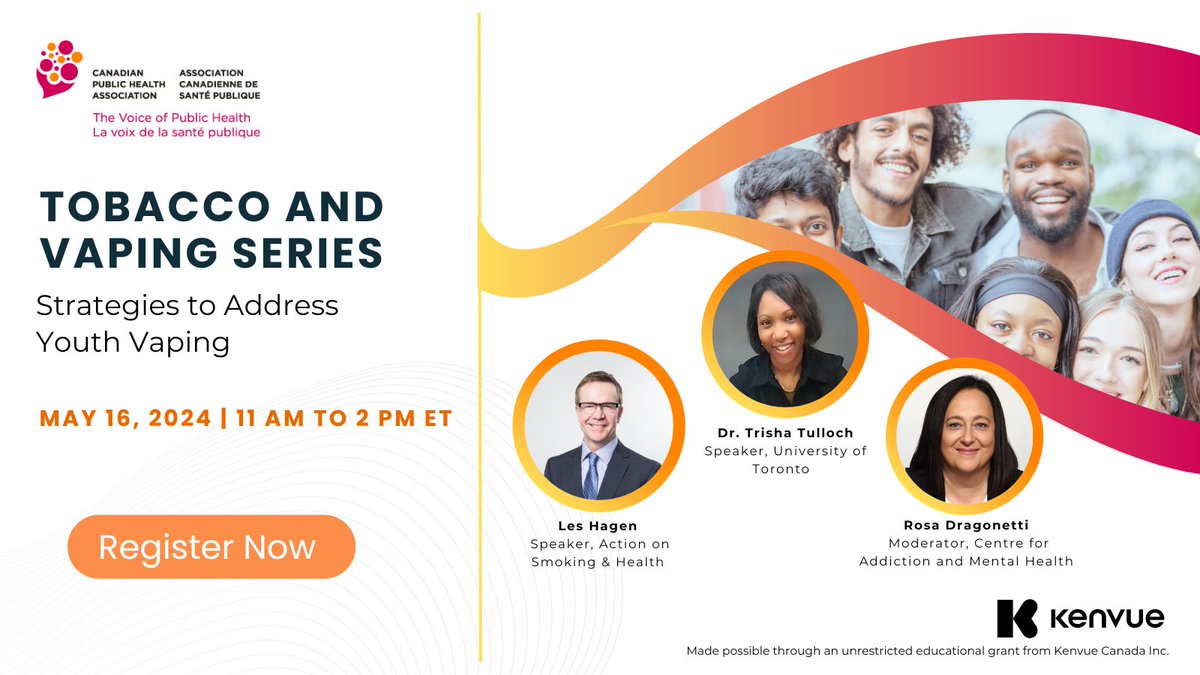 Join us for part 2 of our Tobacco & Vaping Series sponsored by @kenvue! Explore policy & program approaches to reduce youth initiation of vaping. 16 May | 11:00-14:00 (ET) ow.ly/Zayk50RsELT Made possible through an unrestricted educational grant from Kenvue Canada Inc.