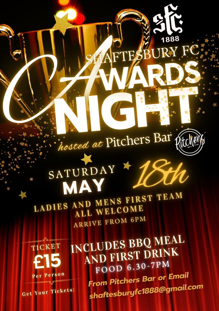 🏆Presentation Night 🏆 All welcome, please join us for this seasons Ladies and Men’s first team awards night. Tickets available this evening or by emailing the pitchers bar Shaftesburyfc1888@gmail.com It’s our final game of the season so don’t forget to get your name down…