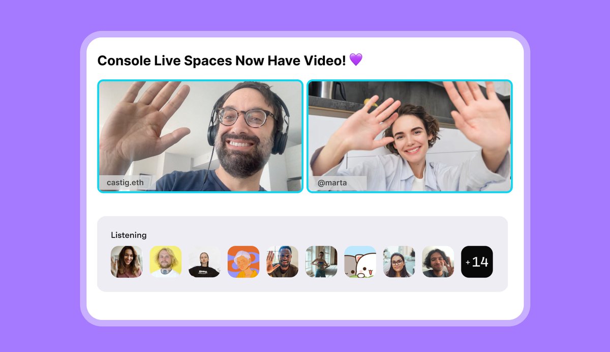 We're thrilled to announce: Console Live Video Rooms 💜 Following the buzz of last week's launch of live audio rooms, we're excited to introduce another standout feature ✨ Now, you can seamlessly coordinate video spaces, audio rooms, and group chats all within a single app!