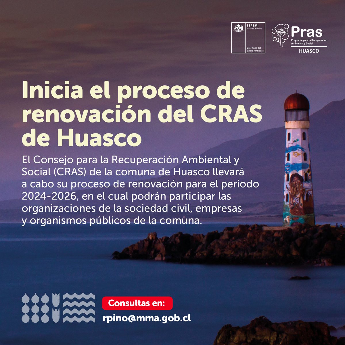 ¡ATENCIÓN COMUNIDAD HUASCO!

La SEREMI @MMAAtacama te invita a participar en la renovación del CRAS, espacio de gobernanza para mejorar la calidad de vida de la población y lograr la convivencia sostenible entre comunidades, actividades económicas y el cuidado del medio ambiente.