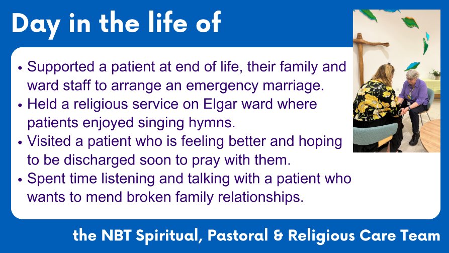 Our Spiritual, Pastoral & Religious Care team are here to support every patient, whatever your faith, religion or spiritual belief is, including no faith, they are here to listen. Here are just a few of the things the team might support with on an average day. #ExpofCare