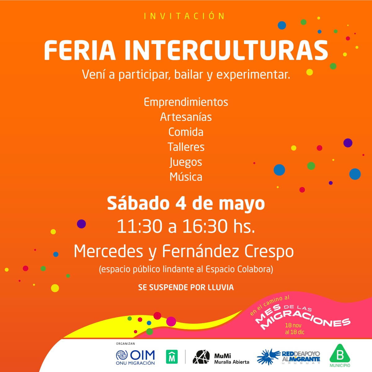 ⌛️¡Cuenta regresiva para la #FeriaInterculturas 2024! 🥳Gastronomía, artesanías, juegos, música y danzas para celebrar la diversidad de culturas y colectividades de nuestros barrios 🎉 🙌🏿 Te esperamos este sábado en Mercedes y Fernández Crespo 📲 municipiob.montevideo.gub.uy/feria-intercul…