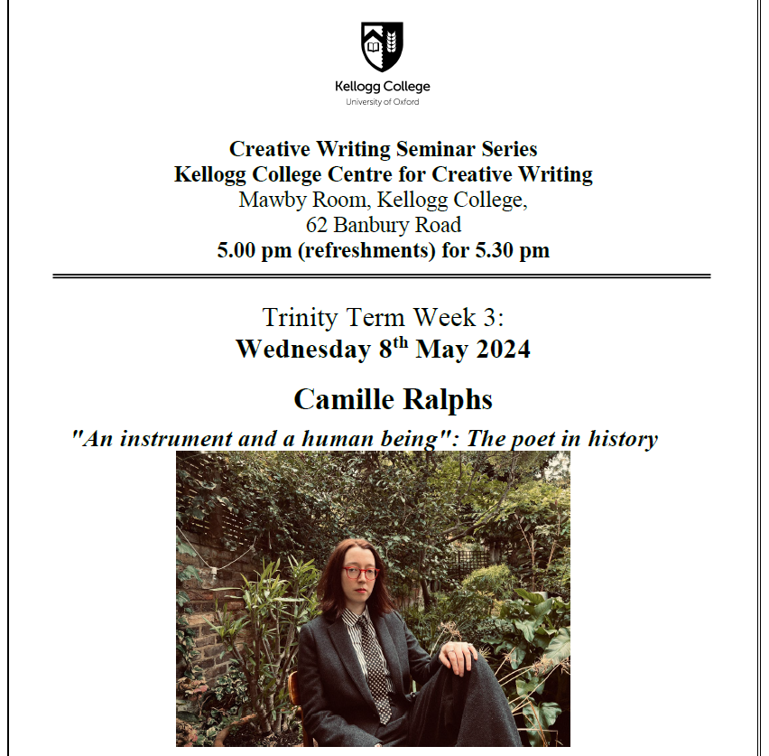 I'm giving a talk in Oxford next week (8th May). The totally manageable title is ''An instrument and a human being': The poet in history'. All welcome! Do come along: ox.ac.uk/event/camille-…