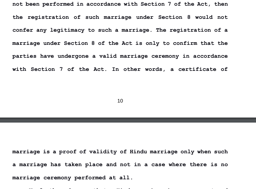 #SupremeCourt holds that a Certificate of Marriage is not a proof of validity of Hindu marriage when no marriage ceremony was performed at all. 'A marriage is not an event for ‘song and dance’ and ‘wining and dining’ or an occasion to demand and exchange dowry and gifts..' The…