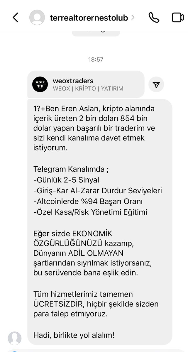 Dolandırıcılar hat safhada 

İsmi bile  fake olan eren bey 2 bin doları 854 bin dolar yapıyormuş 

Bu tür mesajlar , içerikler paylaşan tüm hesaplardan uzak durun 

Özellikle forex’e asla bulaşmayın, ocağınız söner ‼️

#bist100 #borsa