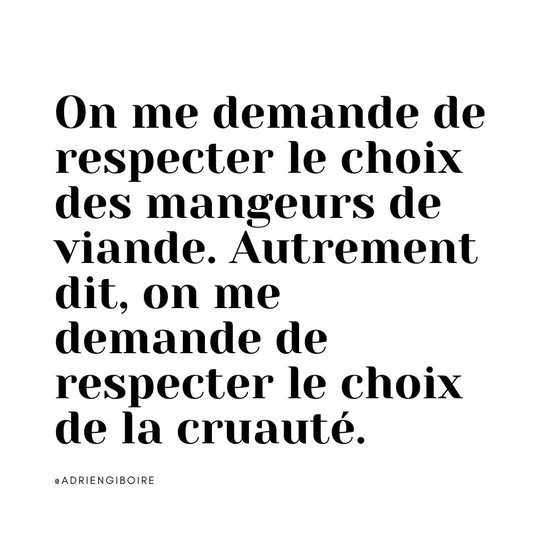 On me demande de respecter le choix des mangeurs de viande. Autrement dit, on me demande de respecter le choix de la cruauté. 

✊

#vegan
#veganisme
#droitsdesanimaux
#veganfrance