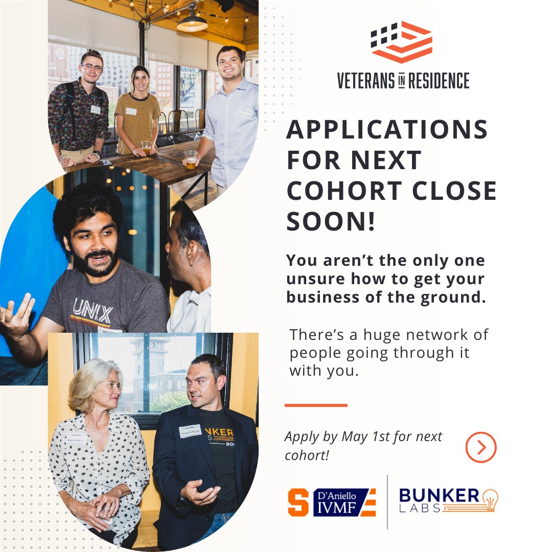 Applications close May 1st for the next #VeteransInResidence cohort! This 10-week, online, #BusinessStartup program is perfect for those who have been thinking of an idea but weren't sure how to get it started. Apply now! ivmf.syracuse.edu/programs/entre…