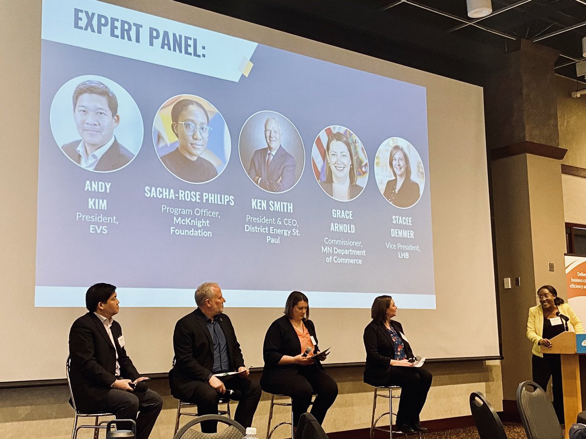 It’s expert panel time, moderated by @McKnightFdn’s Sacha-Rose Phillips. - Commissioner Grace Arnold, @MNCommerce - Stacey Demmer, LHB - Andy Kim, @EVS_Engineering - Ken Smith, @energystpaul Grateful they are sharing their expertise as MN continues its #CleanEnergy journey.