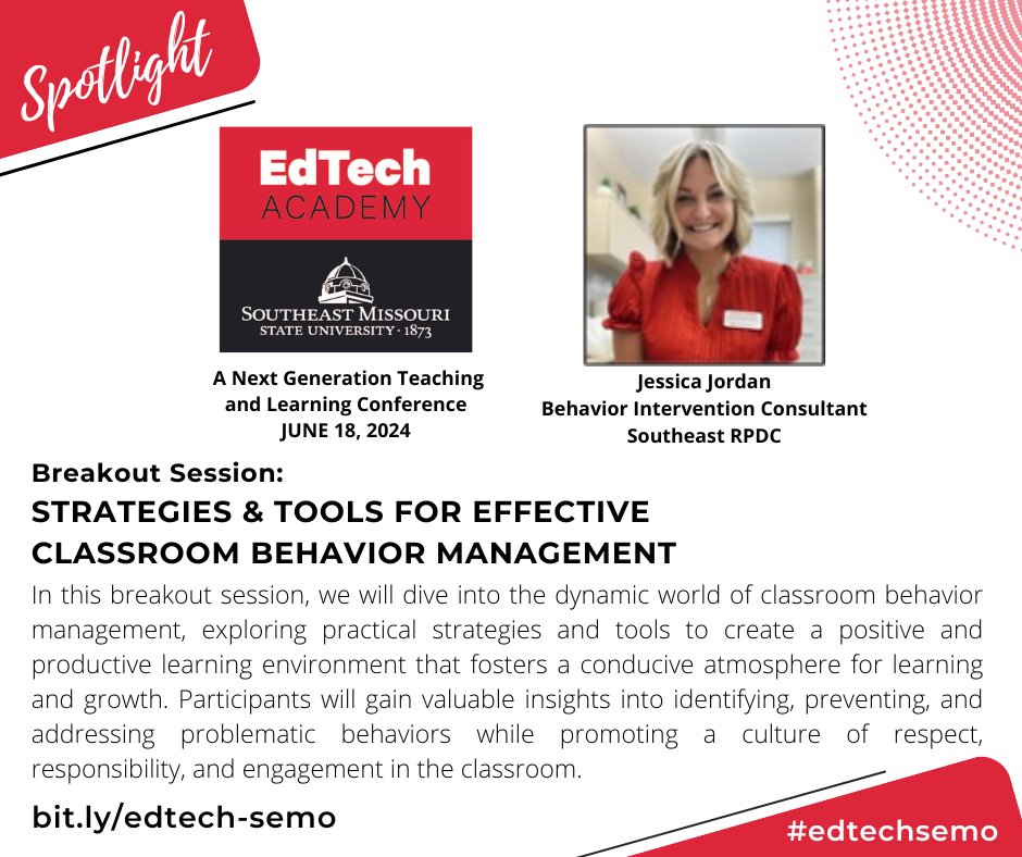 Join Jessica Jordan, Behavior Intervention Consultant, for 'Strategies & Tools for Effective Classroom Management' at #edtechsemo on June 18! bit.ly/edtech-semo