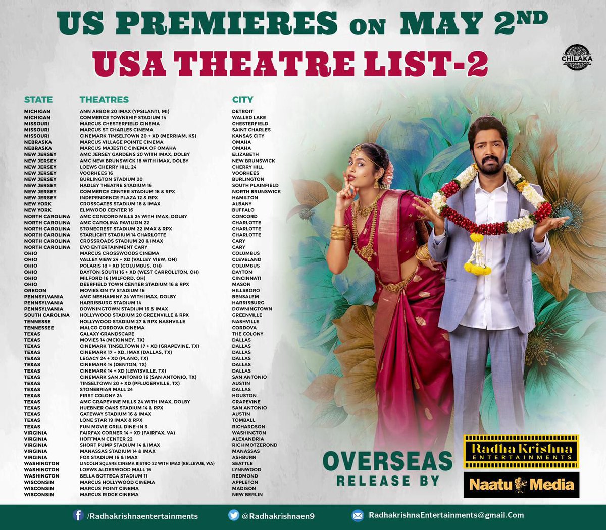 USA Theatre List of #AaOkkatiAdakku Premieres from May 2nd Overseas Release by @Radhakrishnaen9 @NaatuMedia @allarinaresh @fariaabdullah2 @RajivChilaka @harshachemudu @ariyanaglory @GopiSundarOffl @dopSURYAA @ChotaKPrasad @abburiravi @blaxmipati @RajivChilaka