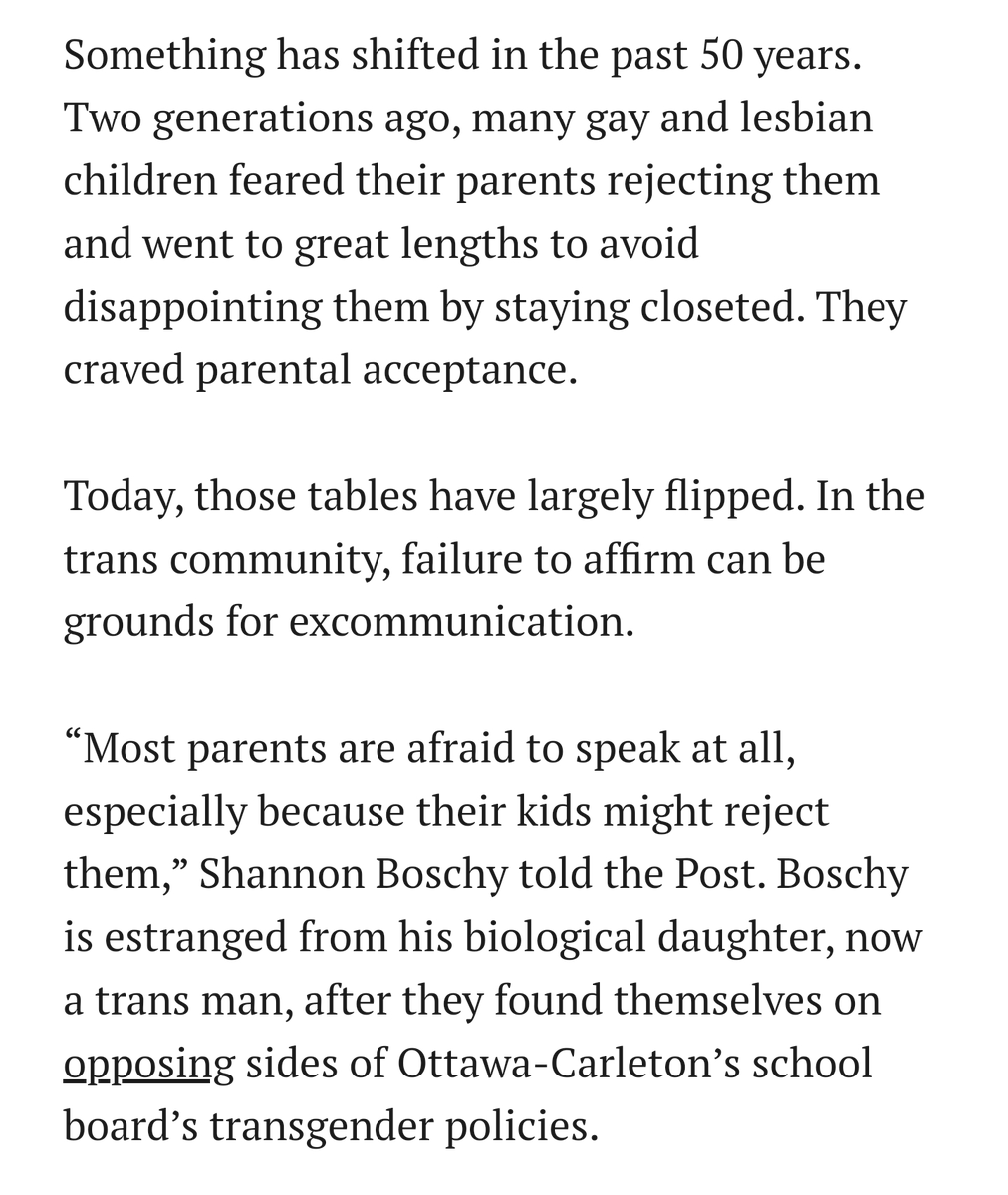 Hot take: The way we handle this now - telling people to get with the program or go kick rocks - is vastly better than lifelong concealment and pathetic groveling for acceptance from Mommy and Daddy Homophobe nationalpost.com/feature/parent…