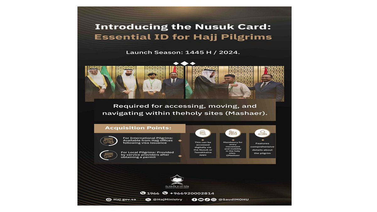 The Ministry of Hajj and Umrah has officially launched the Nusuk Card, issuing the first set to a group of Indonesian pilgrims as part of preparations to welcome this year’s pilgrims for the 2024 Hajj season.
#hajj2024