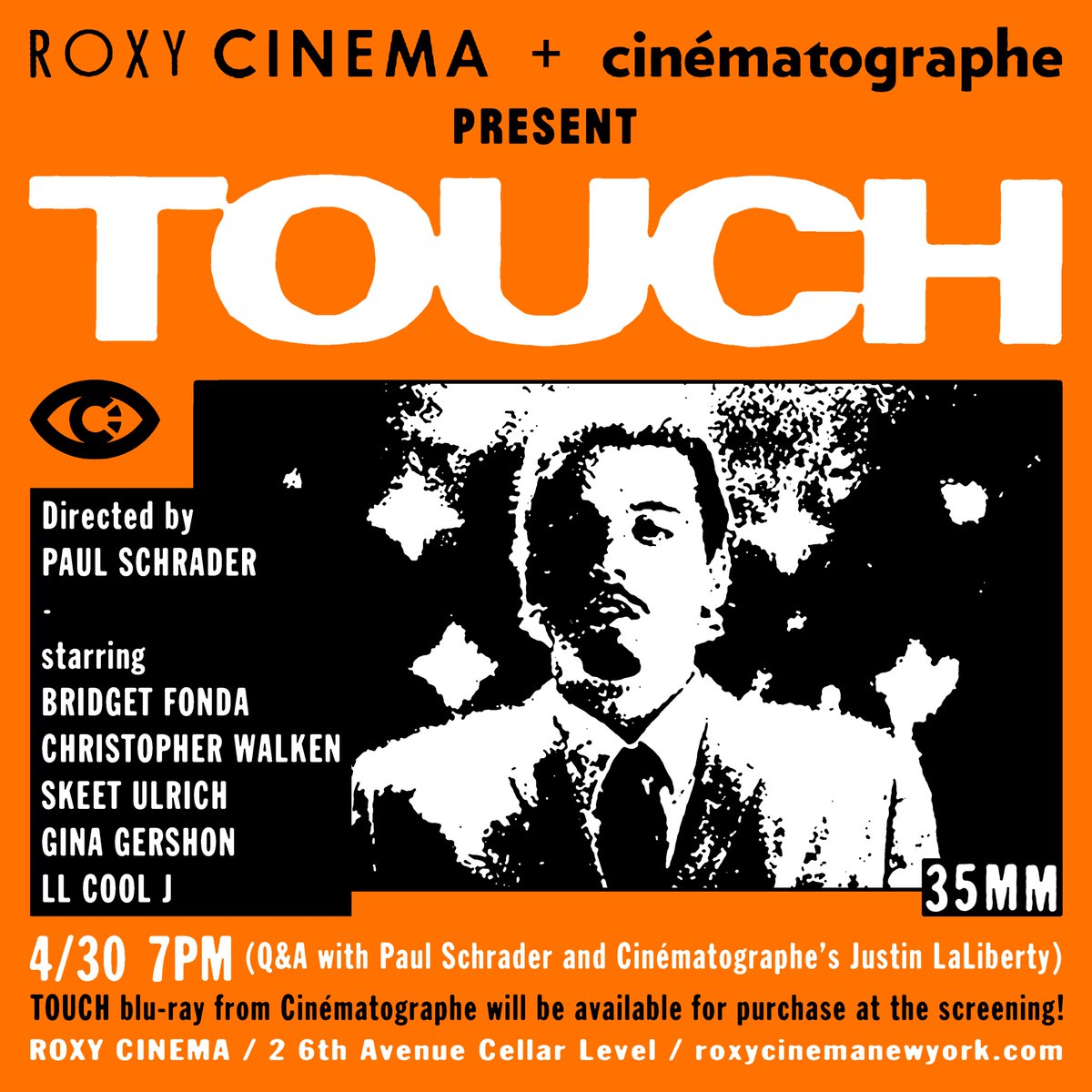 Tonight! 35mm screening of TOUCH at @RoxyCinemaNYC with Paul Schrader *in person* for a post-film Q&A. Pick up some discs and swag while you’re at it! Also, be sure to follow @cine_matographe for the latest Cinématographe news and events.