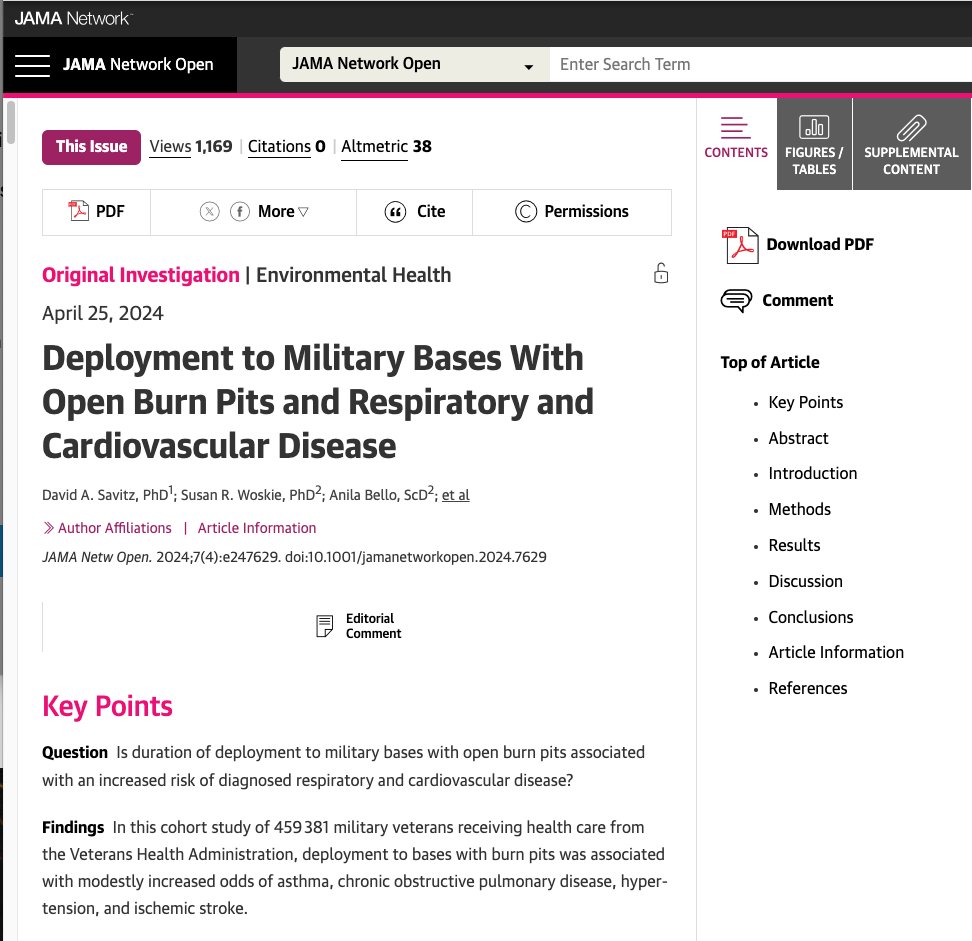 New work in @JAMANetworkOpen from @CoinLtss's @amal_trivedi and @Brown_Epi's David Savitz on burn pit exposure and respiratory & cardiovascular disease. Also features editorial commentary from @UCSF's JR Balmes. jamanetwork.com/journals/jama-…
