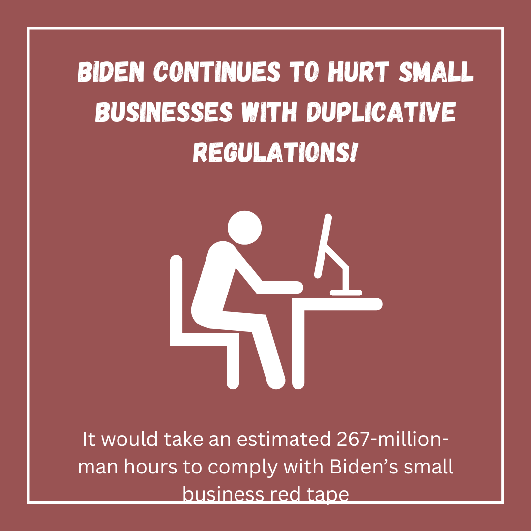 It will take and estimated 267-million-man hours to complete paperwork to comply with the regulations enacted under the Biden Administration. We need to remove unnecessary and duplicative regulations so that small businesses can innovate and thrive! #SmallBusinessWeek