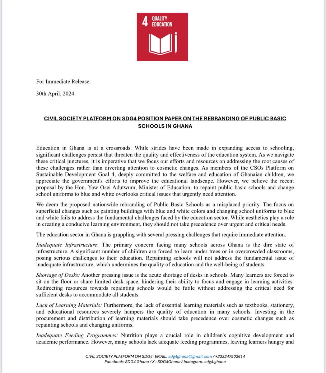 SDG4Ghana's tweet photo. Civil Society Platform on SDG4 Position Paper on the Rebranding of Public Basic Schools in Ghana. @moeghofficial @gheduservice @MoF_Ghana @NAkufoAddo @yoadutwum https://t.co/S6U4H8WMAX