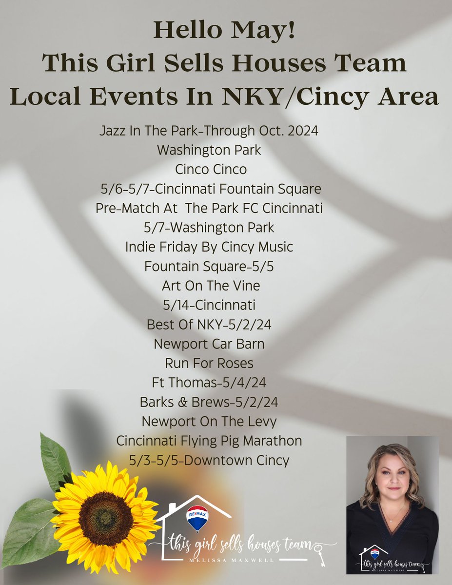 🎸🎤🎶Here Is A List Of Local Events For Next Month! 🌸🌼🌞
From: The This Girl Sells Houses Team!! ThisGirlSellsHouses.net
 #localevents #thisgirlmeansbusiness #cincinnati #nkyrealtor
#ThisGirlSellsOhioAndKY
#ThisGirlSellsHousesTeam
#ReferYourGirl
#experiencematters
#24years